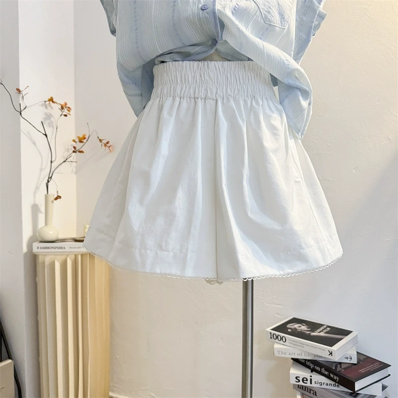 松紧高腰白色短裤女2025夏季花边裙裤宽松休闲裤显瘦a字阔腿裤裙