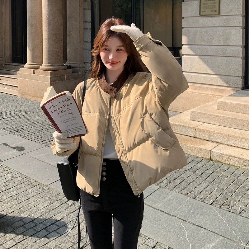 韩版撞色立领休闲短外套女2024冬新款小个子保气质网红外出小棉袄