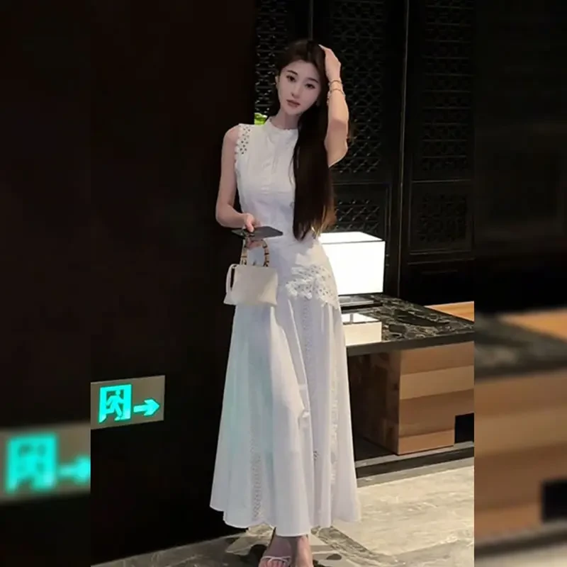 E275 蕾丝拼接无袖连衣裙夏季新款收腰显瘦A字长裙爆款裙子女装