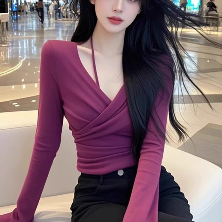 褶皱V领长袖内搭打底衫春夏小众设计感交叉紫色内搭长袖体恤女