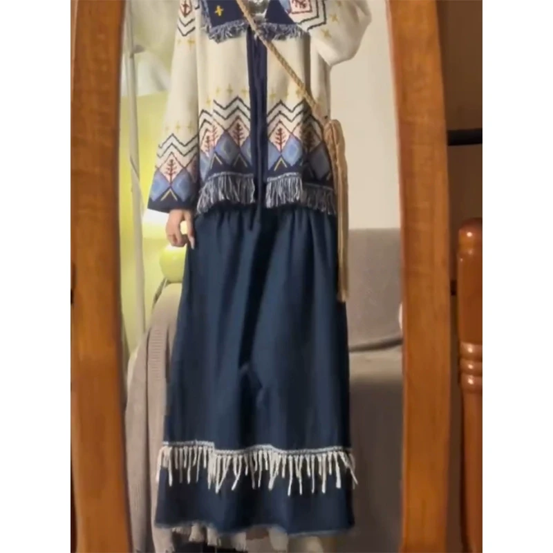 2025春季新款女装复古设计感流苏海军领毛衣搭配娃娃领衬衫套装裙