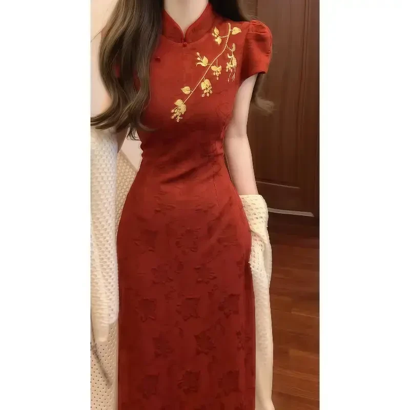 A321夏季新中式国风复古红刺绣立领提花改良旗袍连衣裙假两件长裙