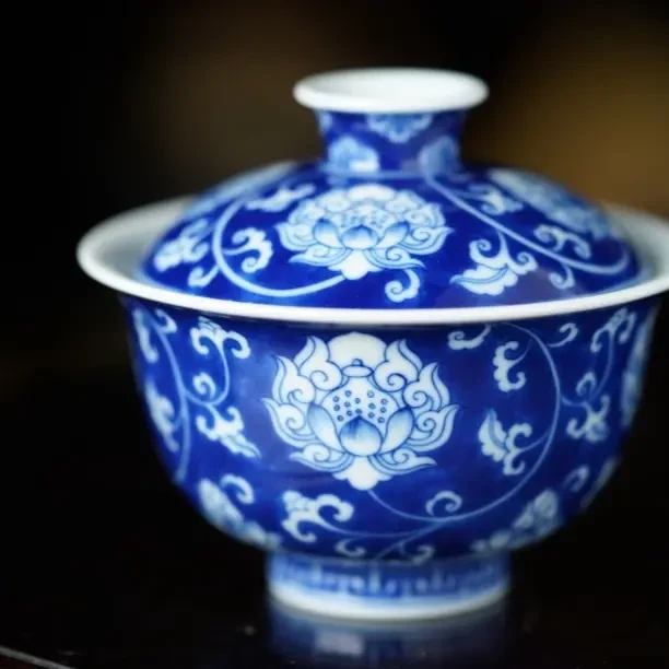 妙色-在川观物 蓝地青花宝相花盖碗 气窑 景德镇瓷器原创设计陶瓷