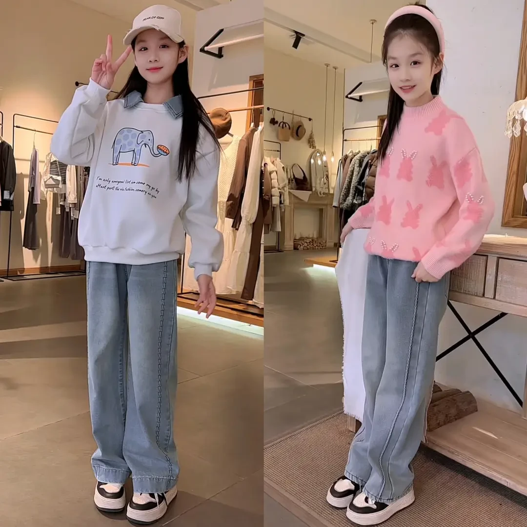 欧若风女童春秋牛仔裤时尚百搭中大童休闲阔腿裤儿童洋气外穿长裤