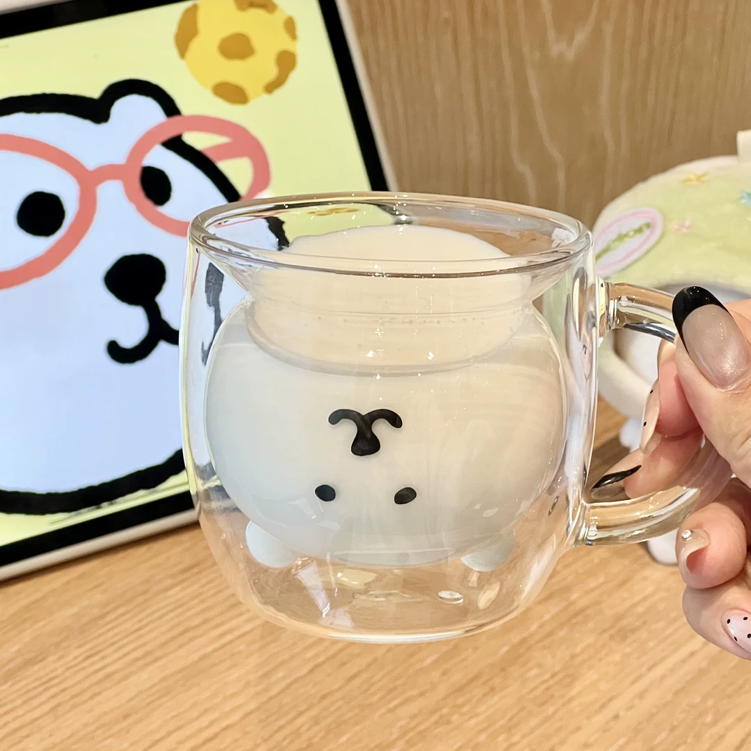 自嘲熊韩国限定双层熊脸玻璃杯可爱隔热果汁杯牛奶杯水杯可爱脸LY