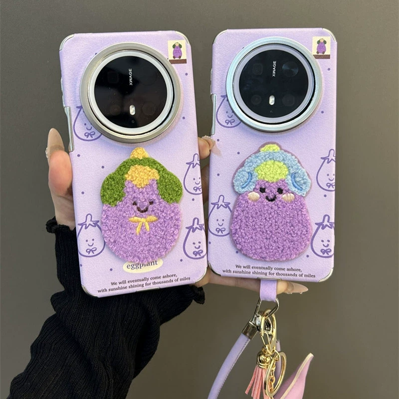 紫色立体刺绣茄子适用华为mate70/60pro+手机壳pura70pro羊皮男女