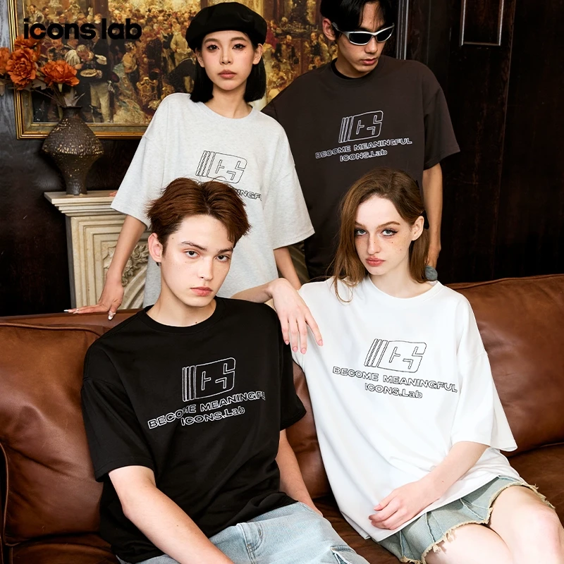 iconslab美式复古链条绣花字体logo短袖T恤百搭圆领多侣tee夏