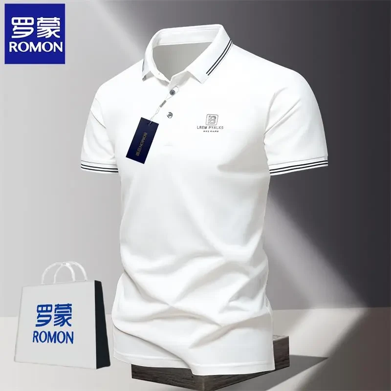 Romon/罗蒙夏季薄款短袖男士纯色简约透气POLO衫潮流百搭休闲t恤