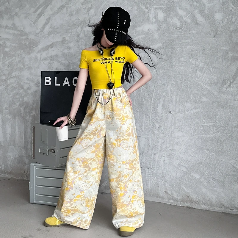 俏咪咕女童2025新款洋气夏款休闲时尚爆款露肩短袖直喷印花斜纹裤