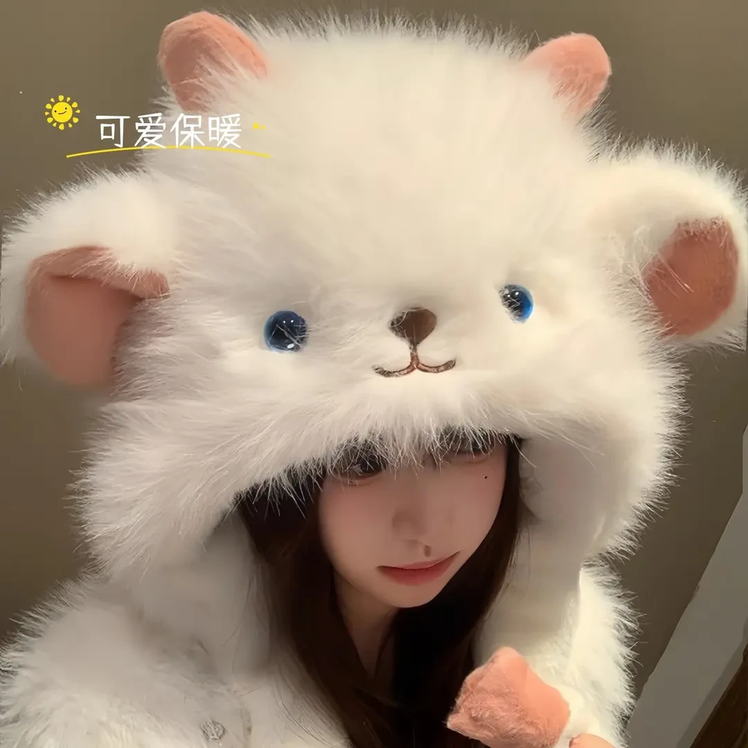 耳朵会动小羊毛绒帽子女冬季可爱加厚保暖防寒护耳帽显脸小雷锋帽