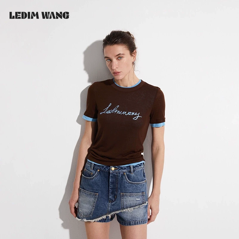 1LEDIM WANG撞色假两件T恤女夏复古字母印花短袖圆领上衣简约百搭
