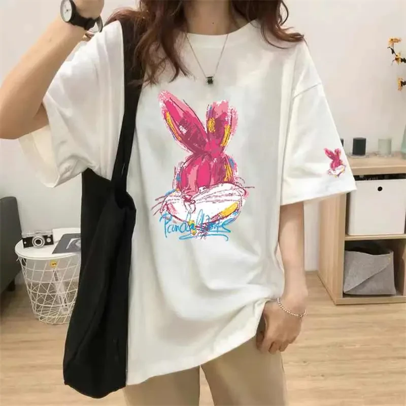 欧货大版中长款纯棉短袖T恤女2025年兔子上衣大码宽松遮屁内搭