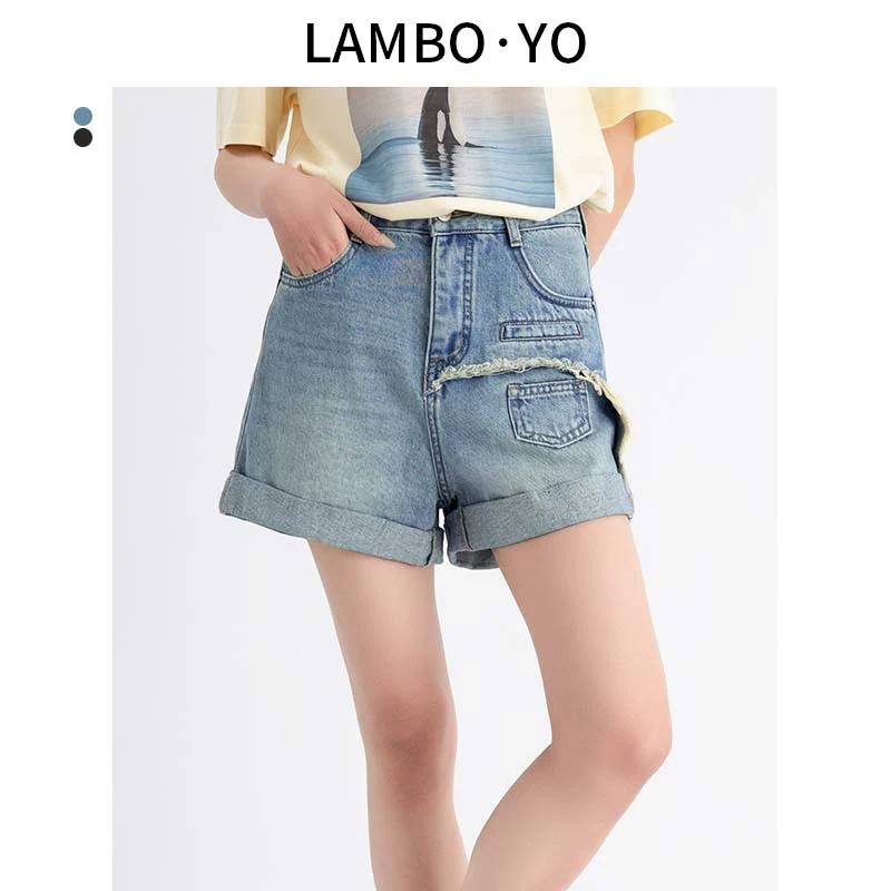 LAMBOYO2024夏季新款高腰A字显瘦不对称短裤卷边休闲百搭牛仔裤女