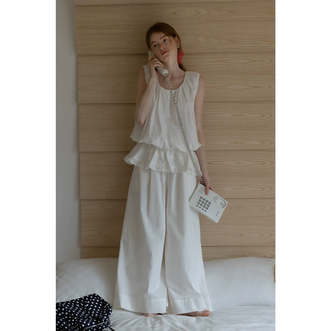 EGGKA 法式松弛感松紧腰宽松休闲裤+收腰抽绳背心上衣E25D5331AF