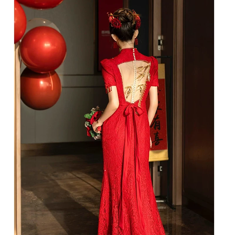 新中式高级感2025新款改良旗袍结婚订婚回门礼服酒红色敬酒服新娘