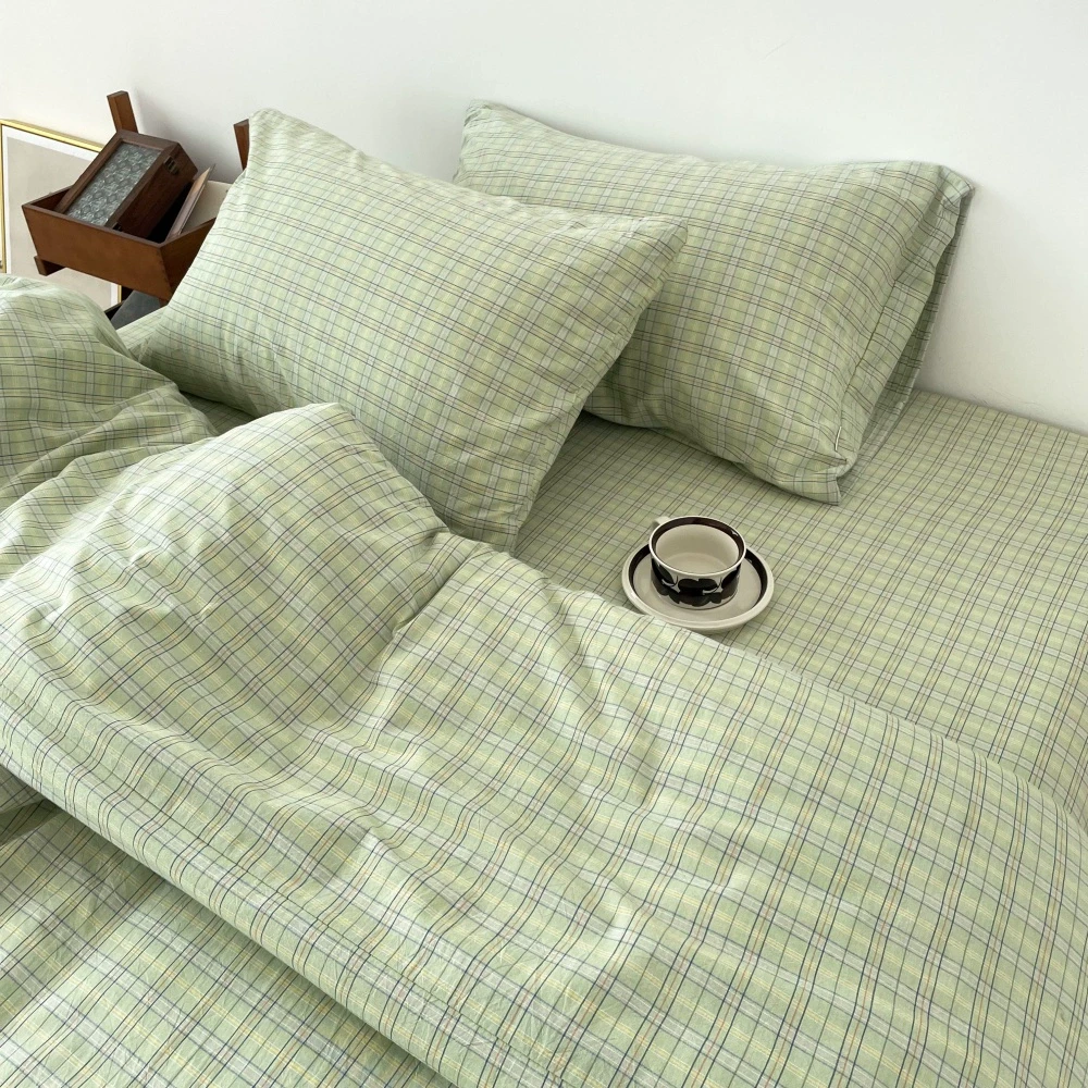 春游时 温柔绿色系全棉小粗布格子四件套床单床笠100棉复古低饱和
