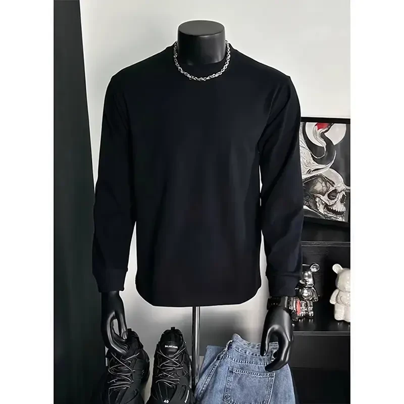 黑色正肩修身长袖t恤男生春秋季重磅小领口打底衫高级感纯棉卫衣