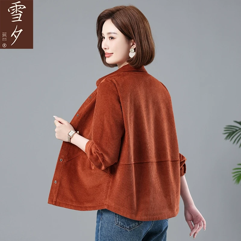 小个子妈妈翻领灯芯绒短外套女春秋2025新款中老年百搭夹克上衣春