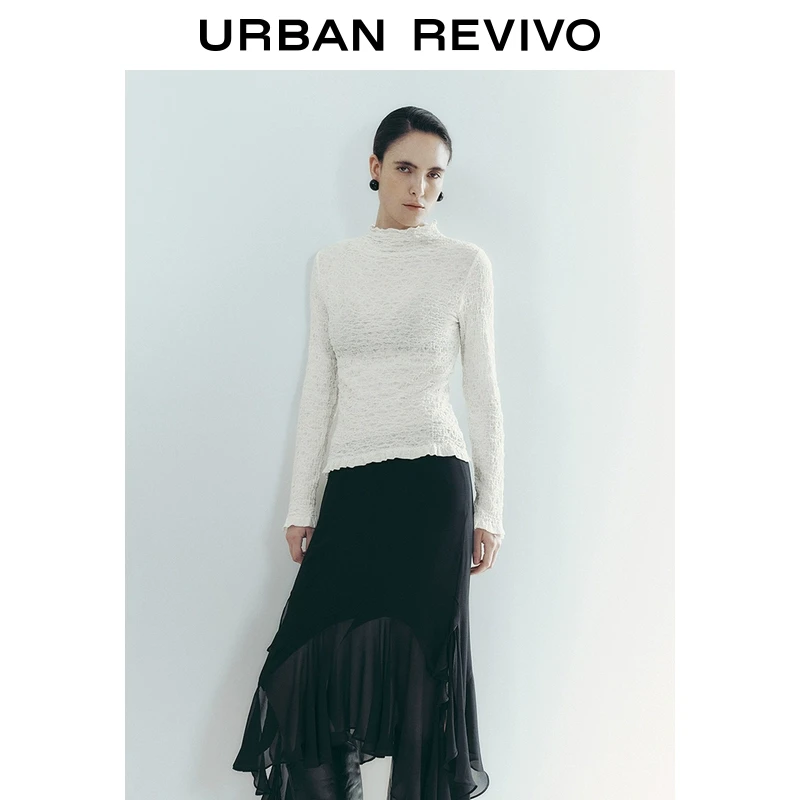 UR2025春季新款女装欧若风时尚肌理感木耳边立领长袖T恤UWG450017