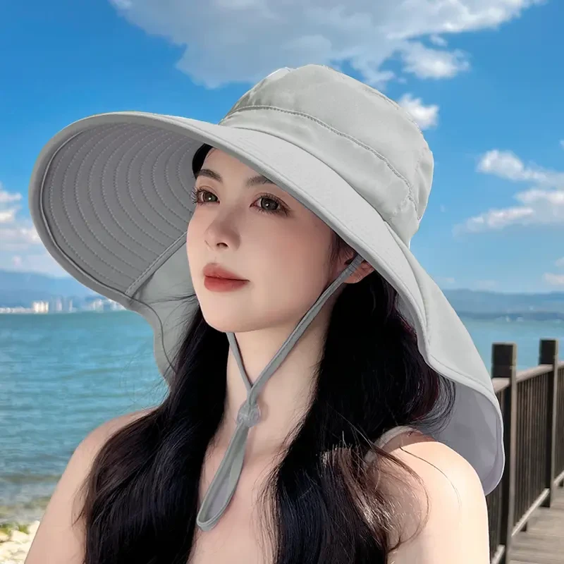 夏季护颈渔夫帽子太阳帽冰感大帽檐遮阳帽女遮脸披肩防晒防紫外线