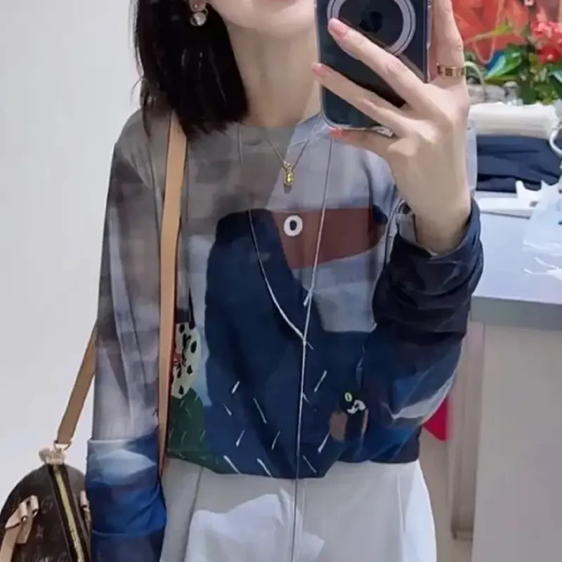 涂鸦印花网纱打底衫女夏季薄款长袖t恤2025新款圆领时髦洋气上衣