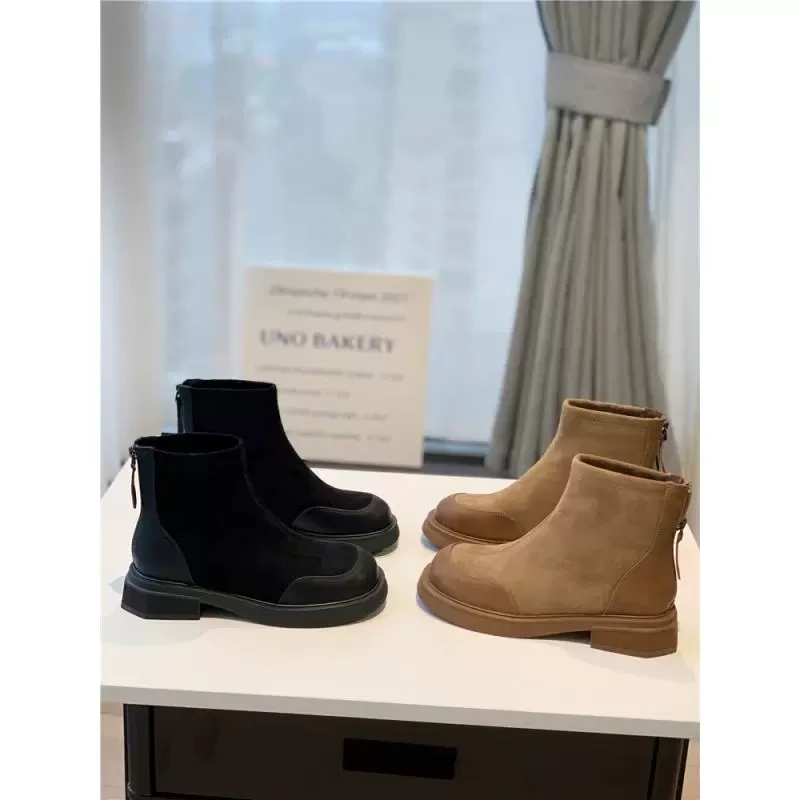 平底复古拼接马丁靴女秋百搭瘦瘦靴厚底弹力短靴8635A13 8121H3D7