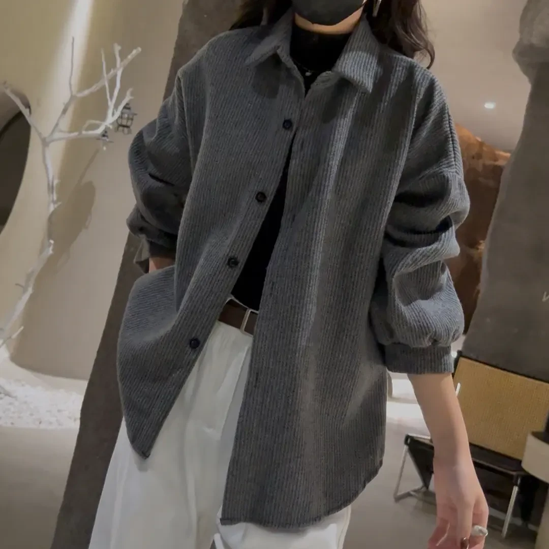 设计感小众秋季大码宽松港味慵懒长袖叠穿衬衣外套开衫时尚休闲