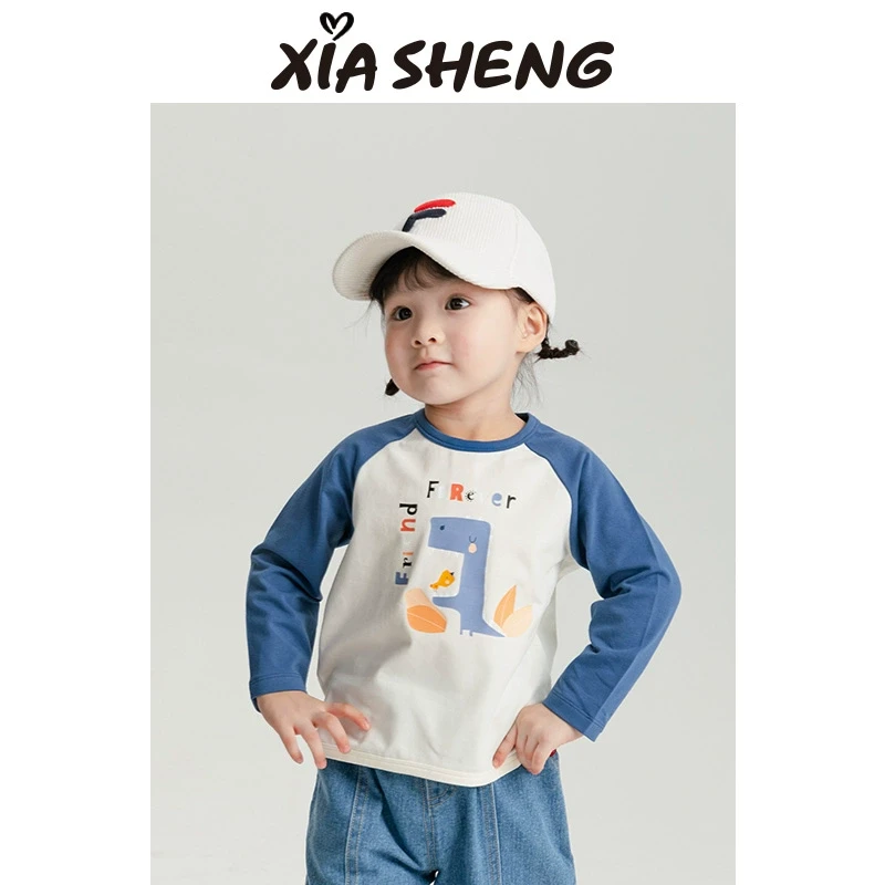 夏生童装 撞色拼接插肩袖长袖T恤 男女童体恤宝宝春装打底衫儿童