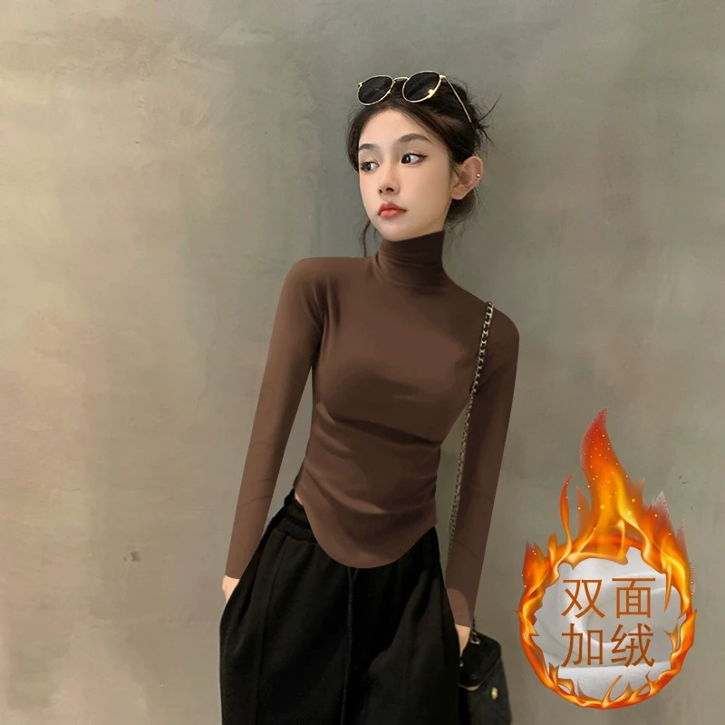 2025新款秋冬加绒加厚咖色高领长袖打底衫女紧身不规则内搭上衣潮