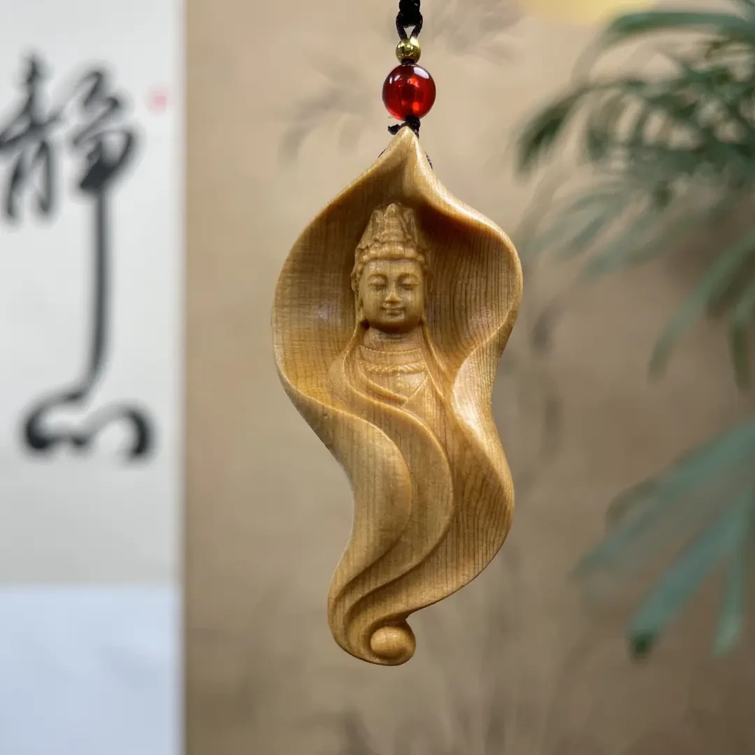 崖柏木精雕荷叶观音实木手把件吊坠钥匙扣工艺品挂饰装饰品