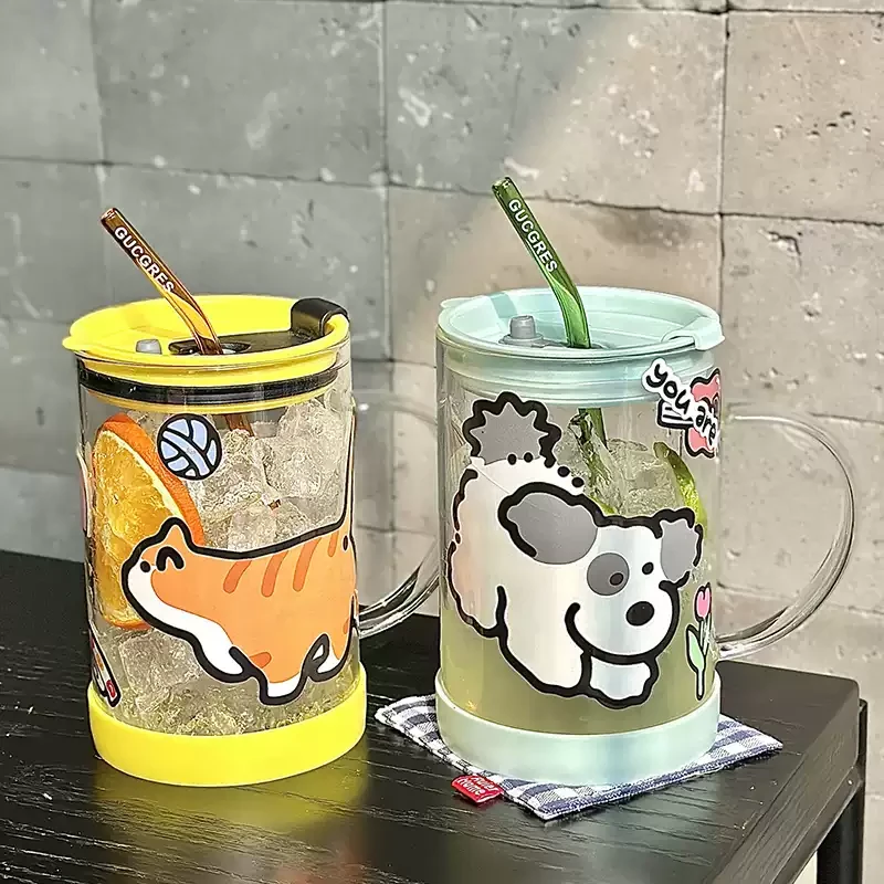 Gucgres夏季大容量玻璃杯女高颜值新款吸管杯带盖把手1000ml水杯