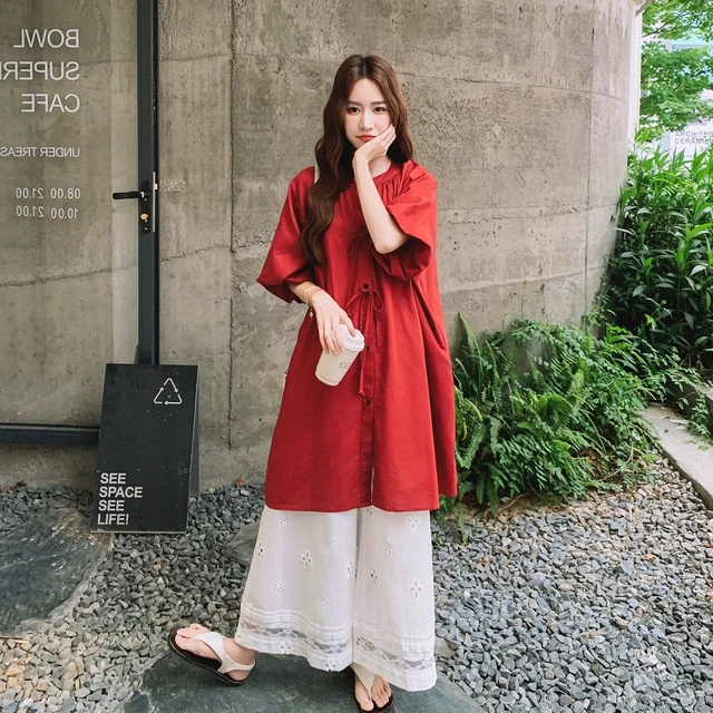 今年流行红色衬衫连衣裙套装女夏爆款松弛感宽松休闲阔腿裤两件套