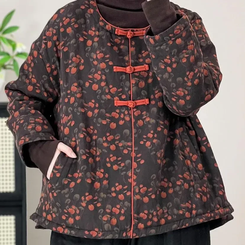 【麻述】中式棉麻印花套头高领领保暖外套复古手工盘扣冬装