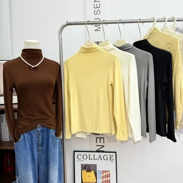 半高领女韩系基础款面膜T恤秋季显瘦堆堆领修身长袖