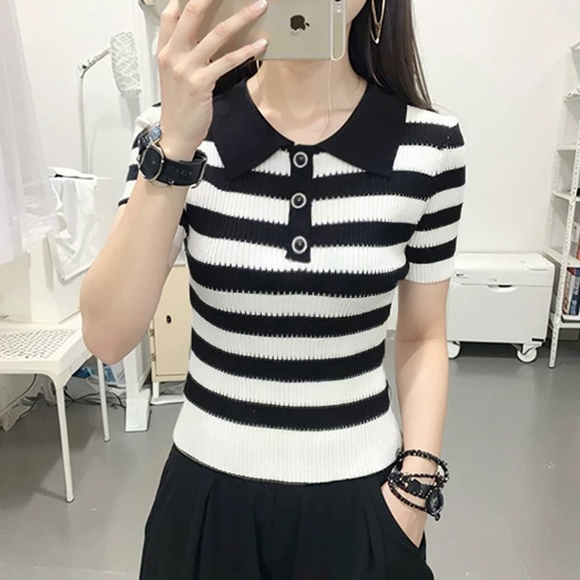 条纹短袖t恤女2025年新款夏季设计感上衣女方领打底衫高腰短款ins