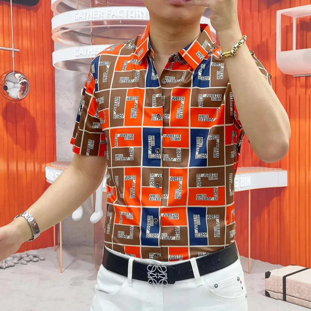 【总裁定制】男士夏季新款时尚休闲衬衫潮流印花免熨烫欧货短袖衬衣