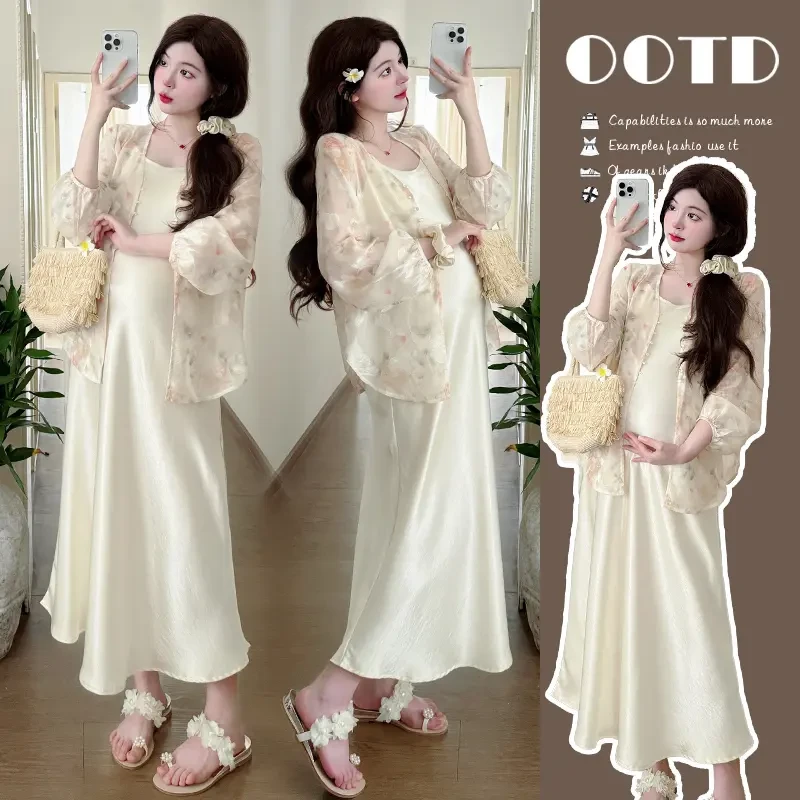 孕妇装夏装套装2025新款缎面吊带连衣裙中长款时尚新中式防晒外套