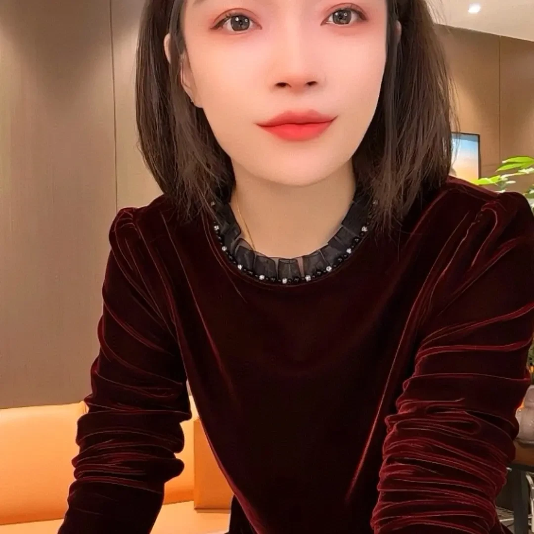 极简赫本风黑色重工钉珠花边领长袖丝绒T恤女轻奢贵气上衣打底衫