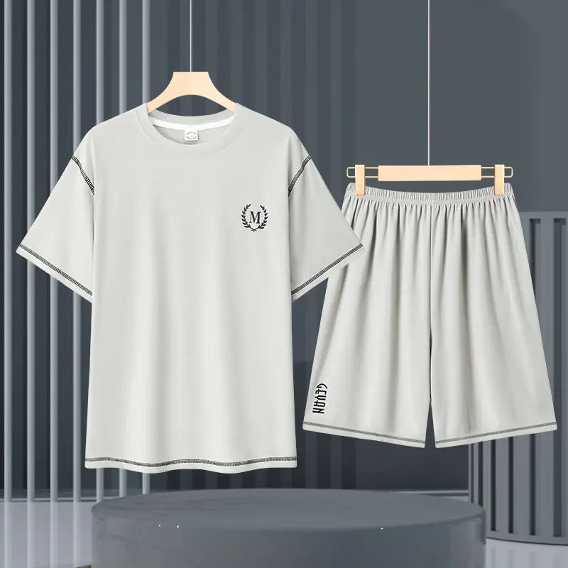 夏天莫代尔男士睡衣男款夏季冰丝宽松简约薄款透气时尚家居服套装