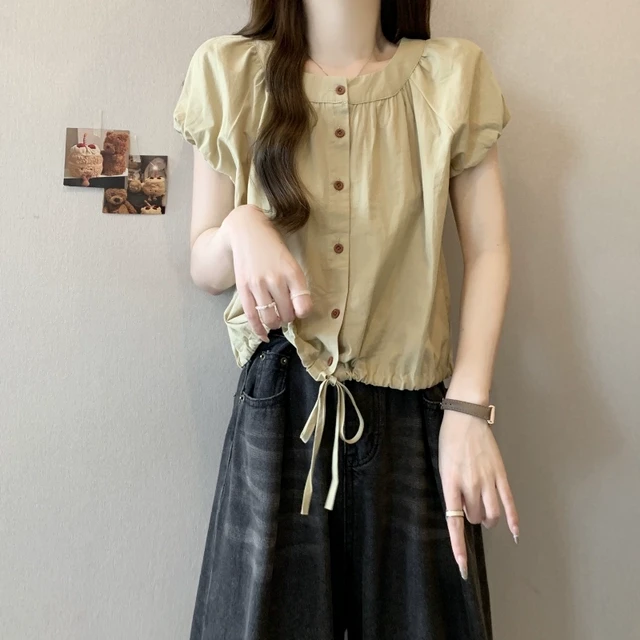泡泡短袖打底衬衫女夏季大码胖mm显瘦设计感短款抽绳上衣法式小衫