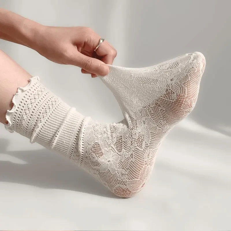 jk蕾丝袜中筒花边玛丽珍鞋专用袜袜子女春夏薄镂空透气白色mf