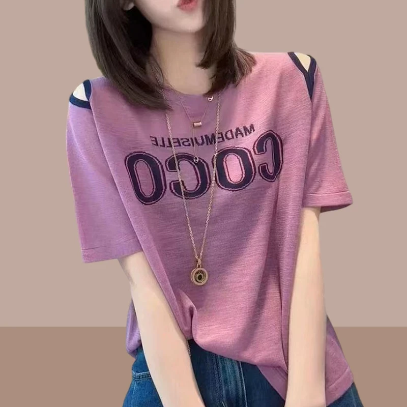 冰丝露肩短袖t恤女2025夏季新款爆款宽松洋气上衣小个子体恤女装