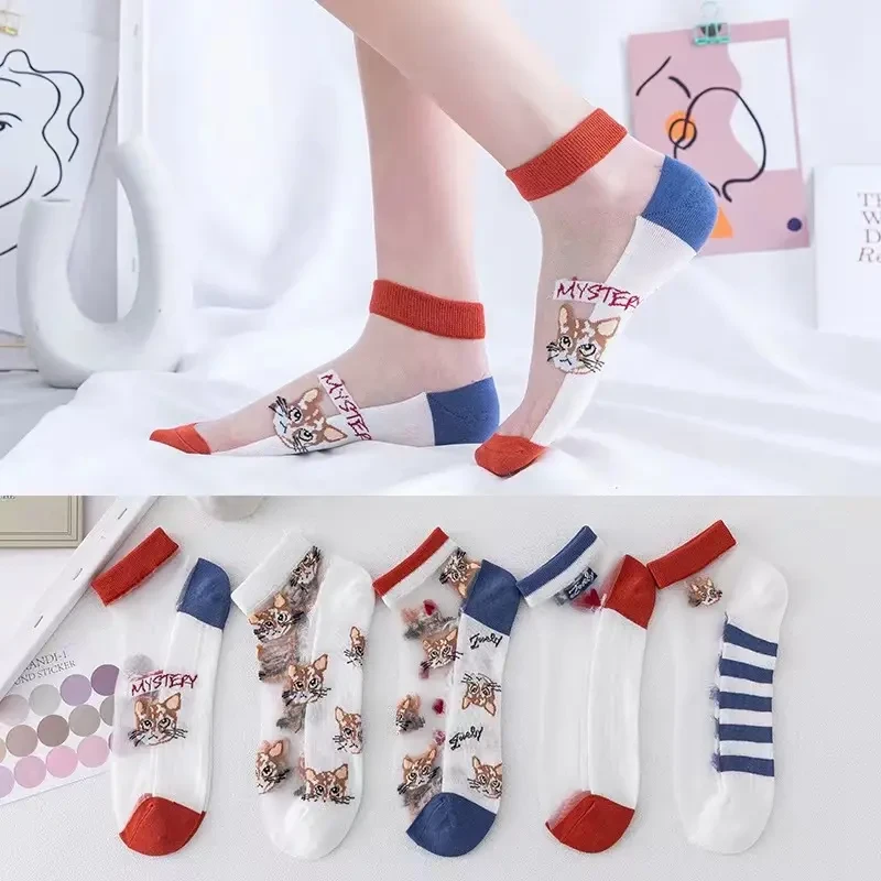 猫头卡通玻璃丝短筒透明拼接透气丝袜夏季不闷12