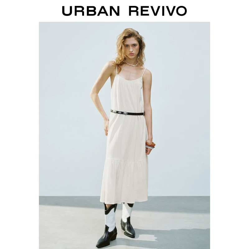 UR2025夏季新款女装时尚休闲度假感白色吊带连衣裙UYL750055