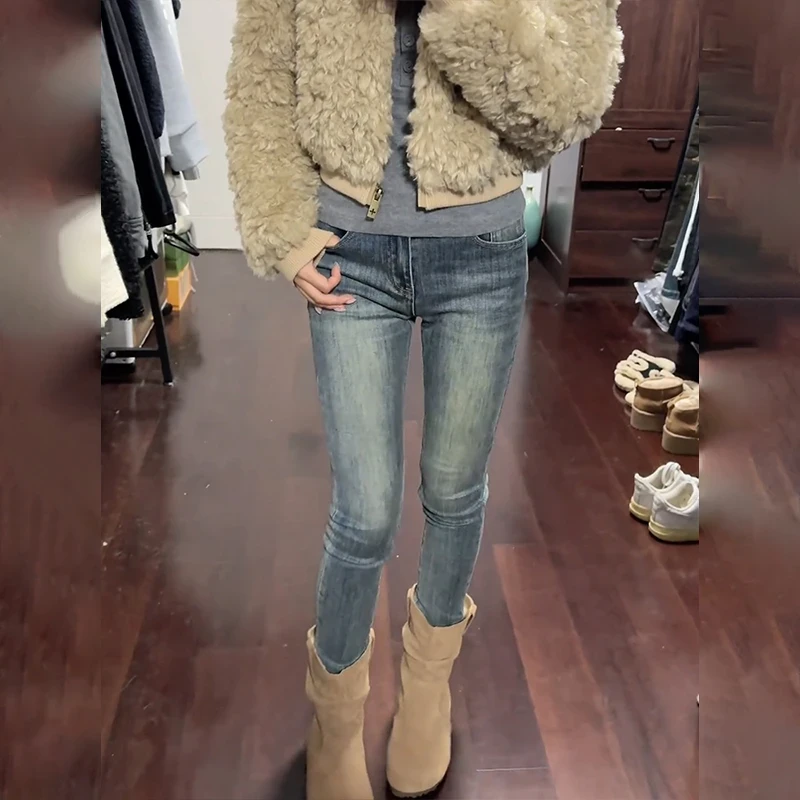 韩版辣妹复古深色小脚牛仔裤配靴子铅笔紧身裤高腰修身弹力九分裤