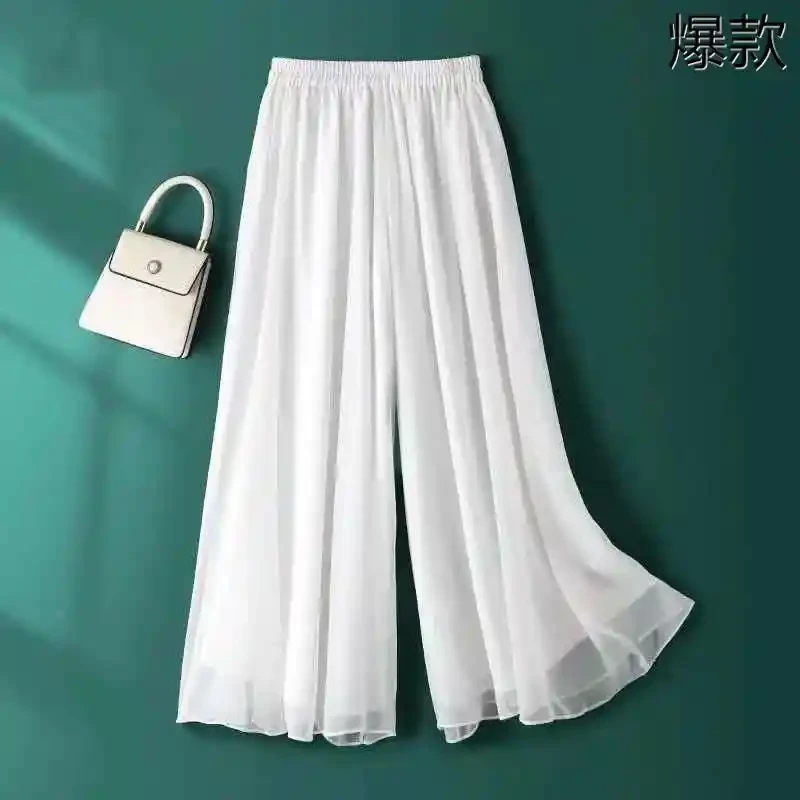 白色练功舞蹈雪纺阔腿裤加长汉服打底白纱民族舞裤子双层内衬薄款