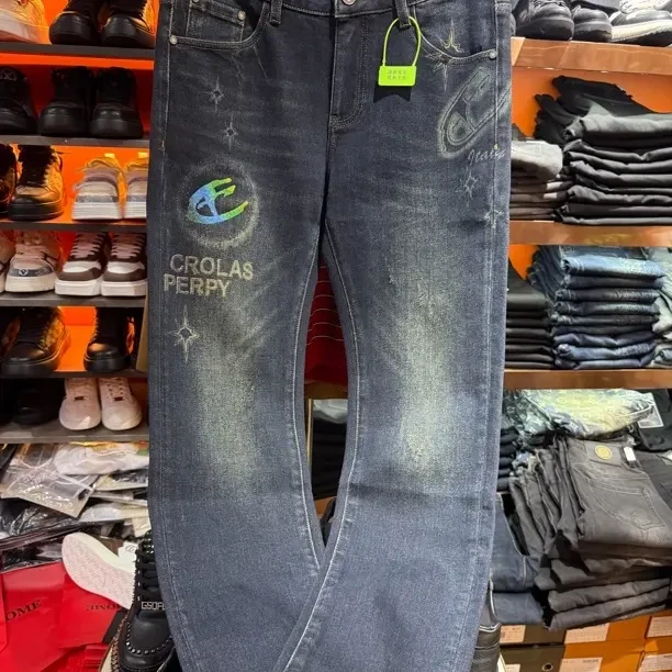 秋冬新款蓝色元素刺绣弹力修身小脚牛仔裤男士休闲潮流