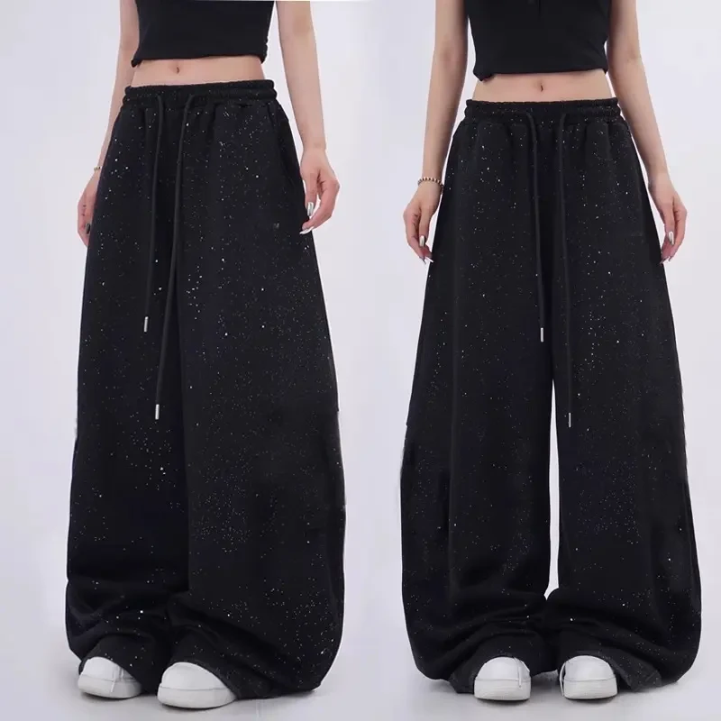 美式原创爆闪撒金黑色嘻哈街舞休闲裤女爵士jzza宽松直筒阔腿长裤