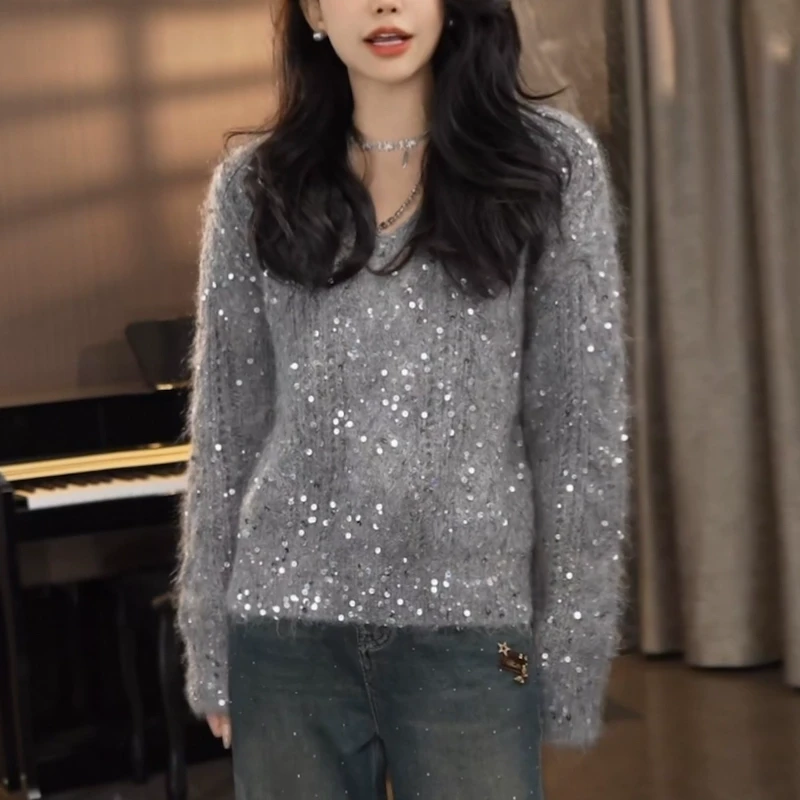 灰色V领毛衣女秋冬季加厚慵懒高级感宽松重工亮片打底针织衫上衣