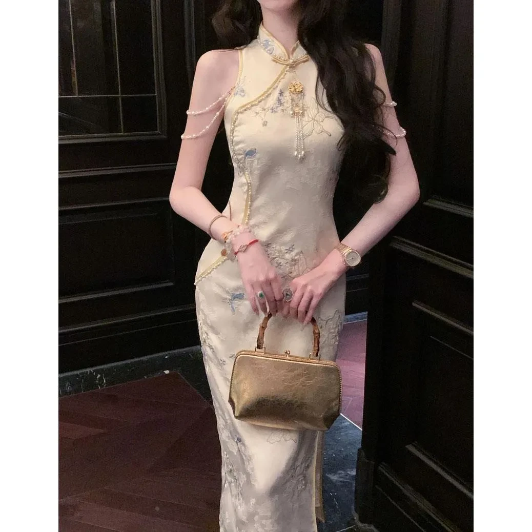 金丝蝴蝶珠链新中式无袖旗袍连衣裙子2025女装夏修身显瘦开叉长裙